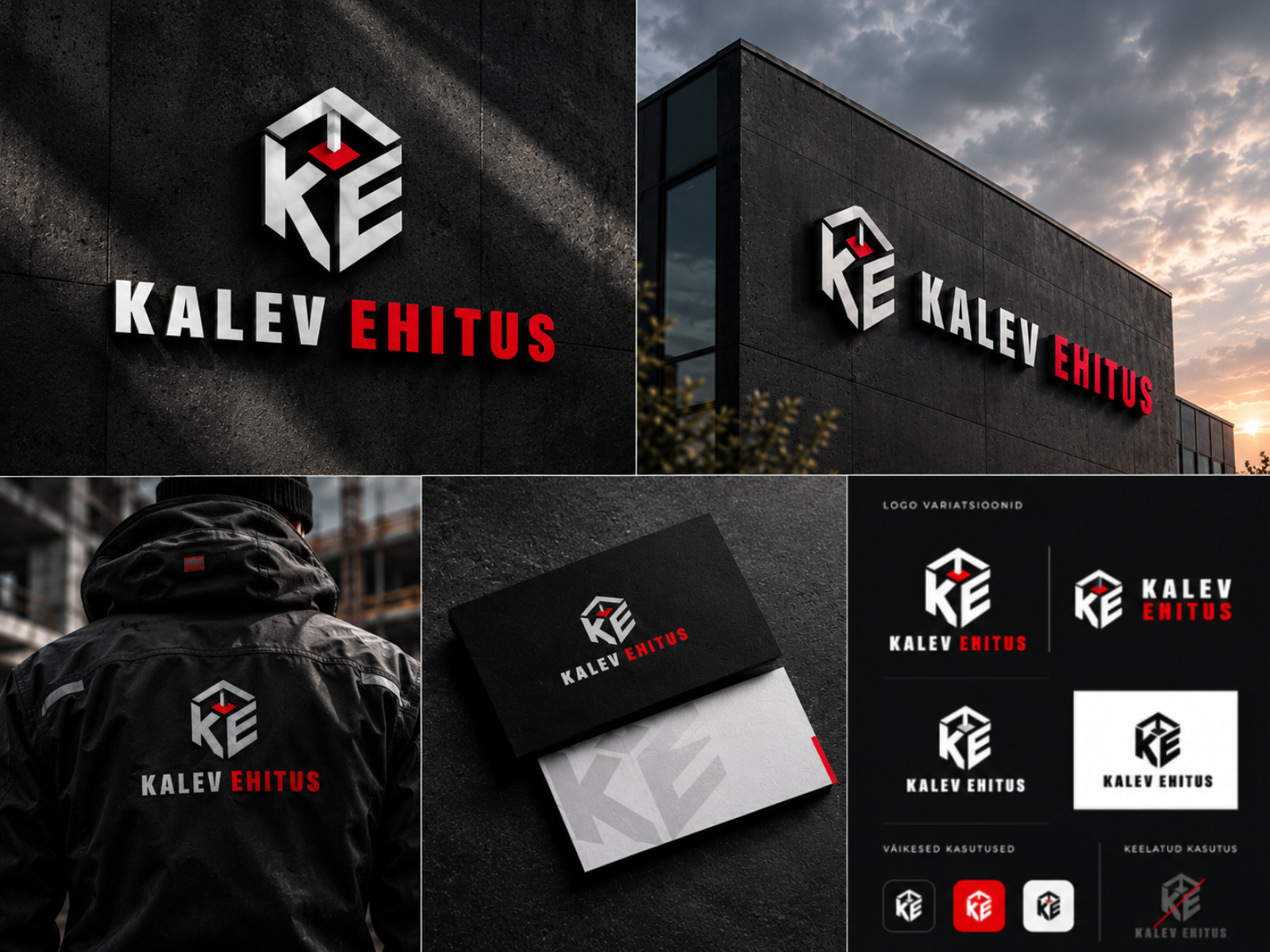 Kalev Ehitus logo ja brändiidentiteet — sildid, visiitkaardid ja logovariatsioonid
